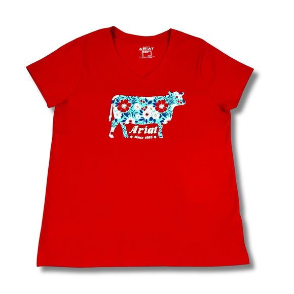 Ariat Flower Cow T-Shirt Womens M Red Short Sleeve V Neck Relaxed Fit Tee Cotton - Picture 1 of 11